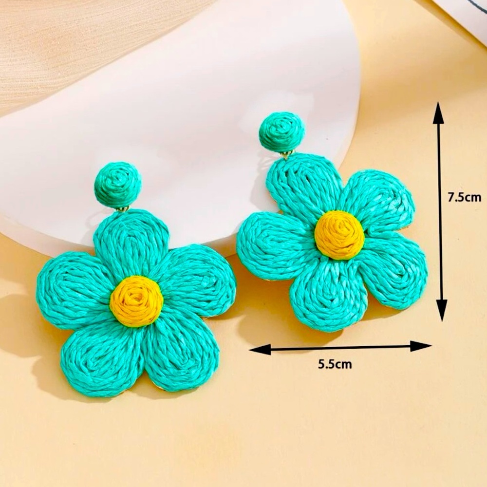 Turquoise Flower Drop Rattan Earrings FIESTA - Picture 2 of 2